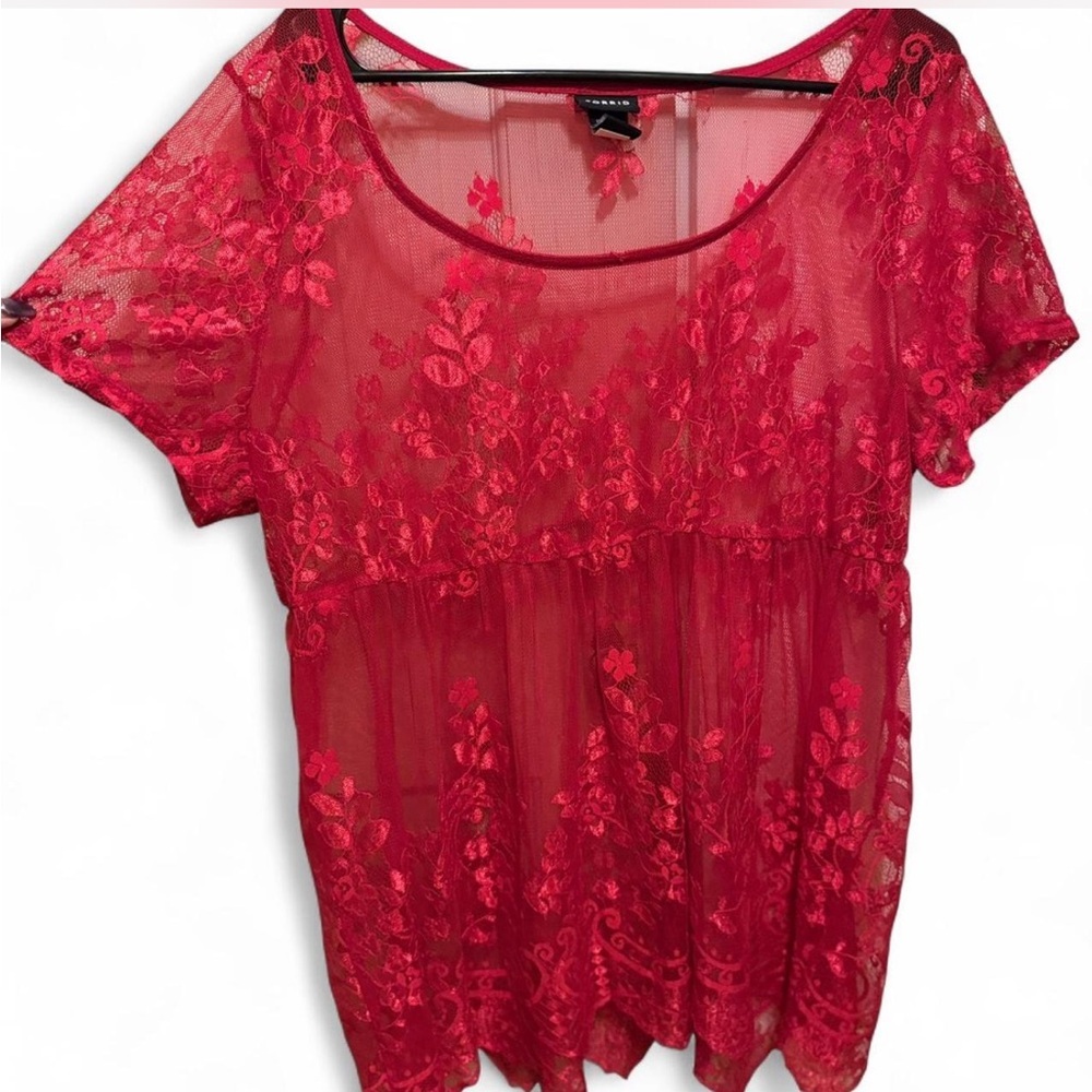 Torrid Red Lace Short Sleeve Babydoll Sheer Blouse - Picture 6 of 6